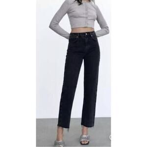 Zara Black High Rise Button Fly Cropped Jeans
